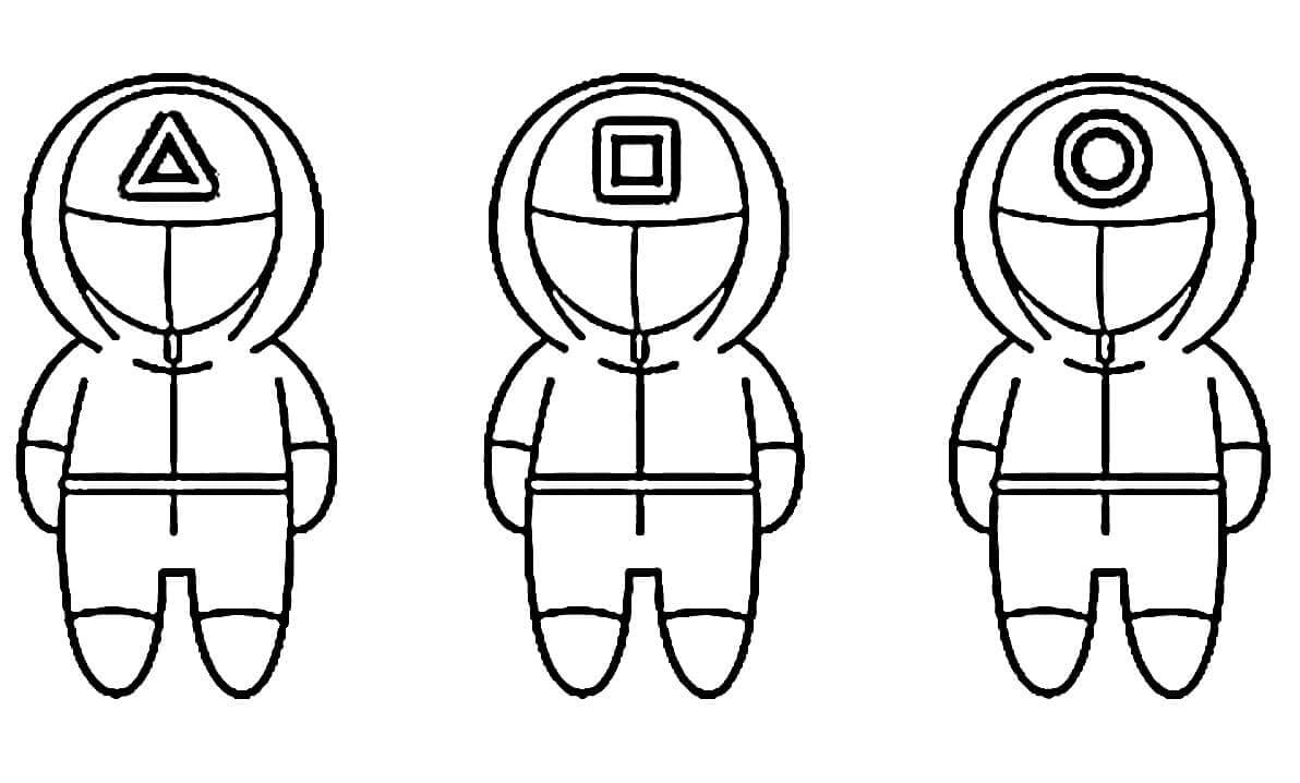 Dibujos de Tres Personas con Uniforme de la Guardia Roja de Juego de Calamar Chibi para colorear