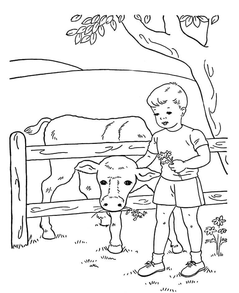 Dibujos de Un niño y una vaca de granja para colorear