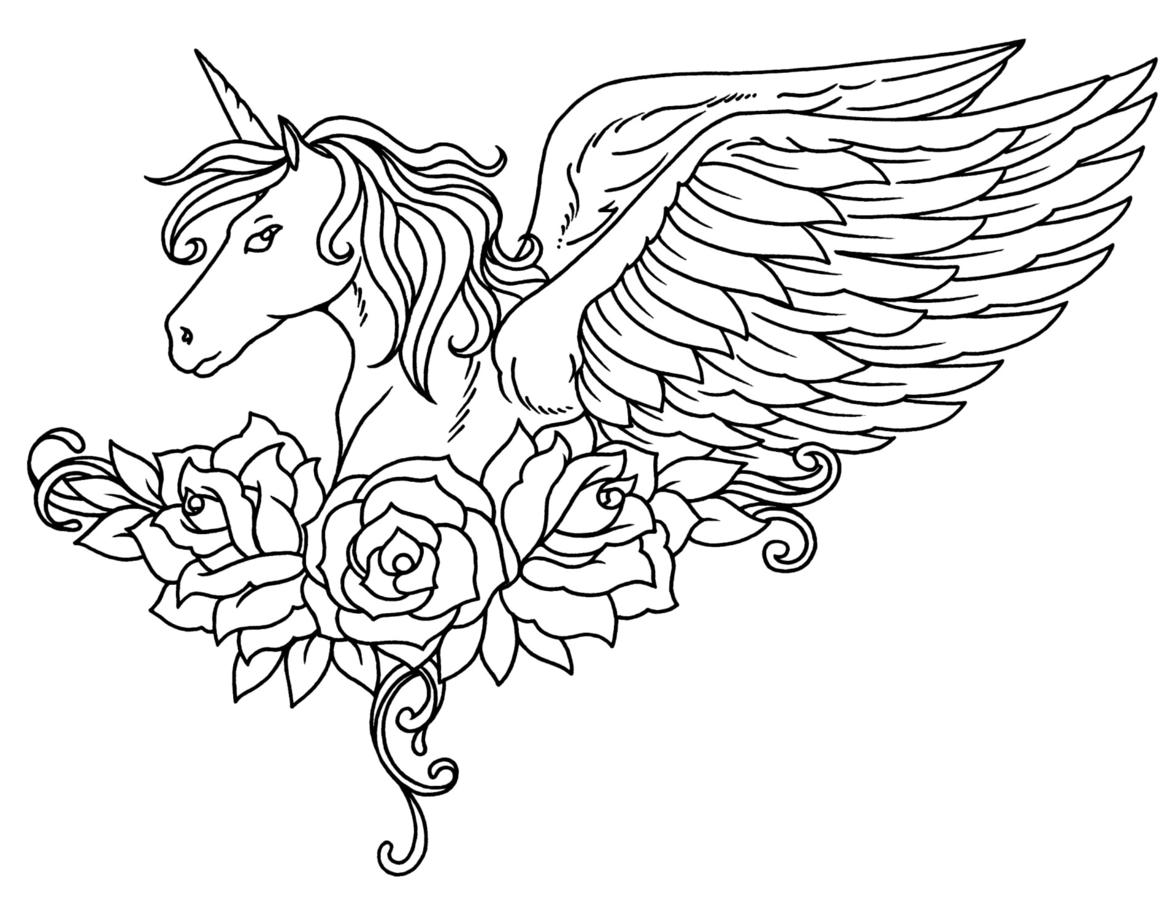 Dibujos de Unicornio Alado Con Flores para colorear