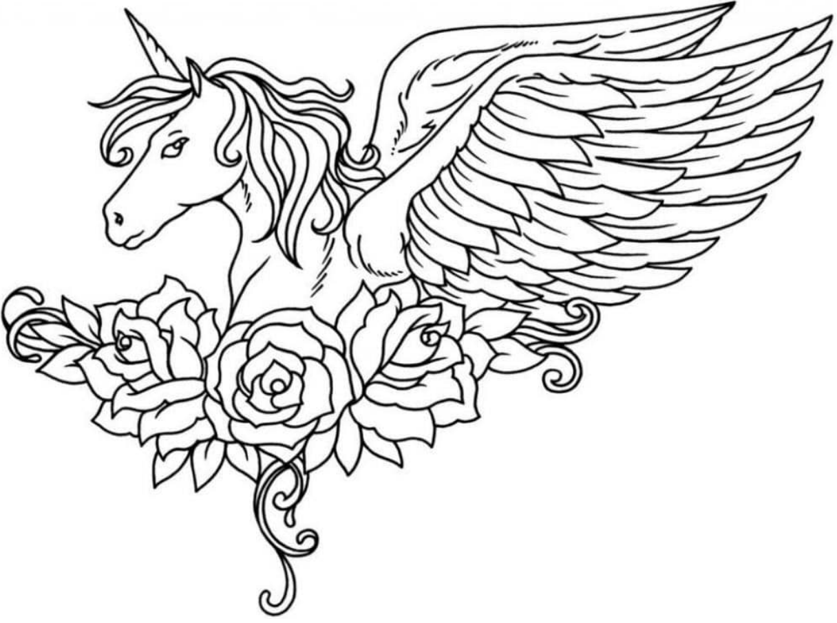 Dibujos de Unicornio Alado y Flores para colorear