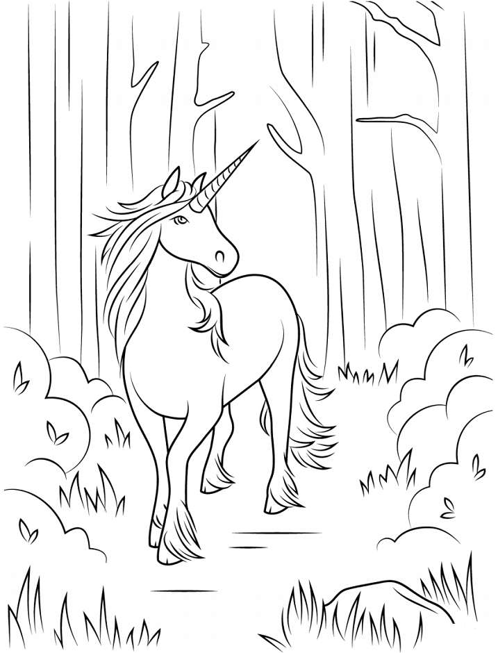 Dibujos de Unicornio en el Bosque para colorear