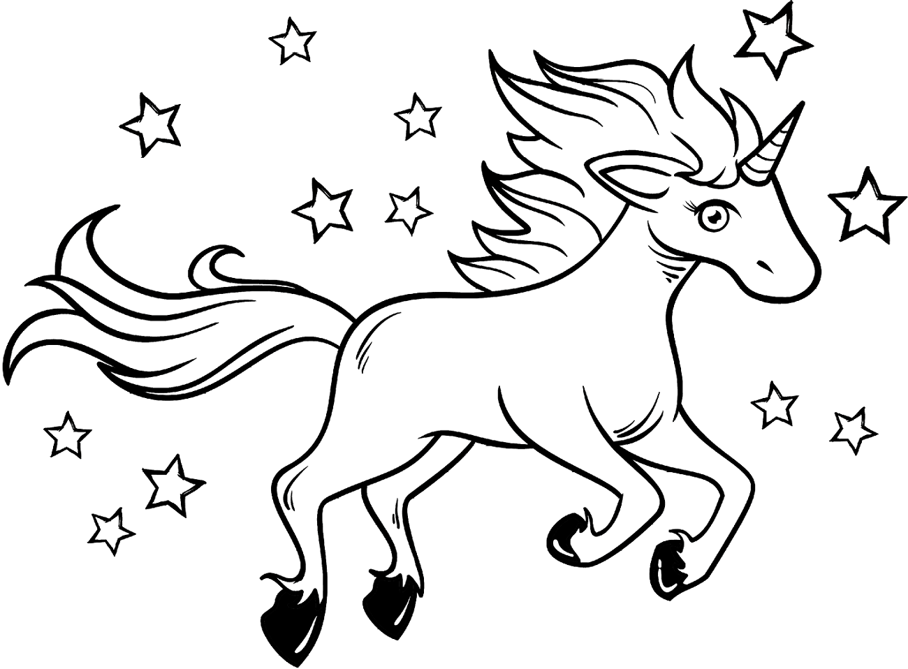Dibujos de Unicornio y Estrellas Alrededor para colorear