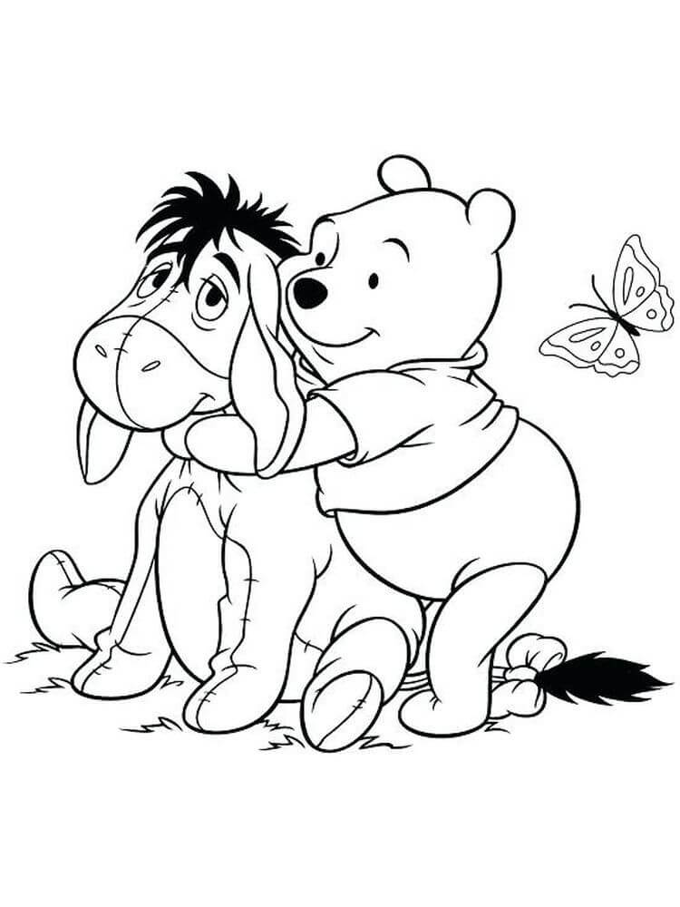 Dibujos de Winnie de Pooh abrazando a Eeyore para colorear