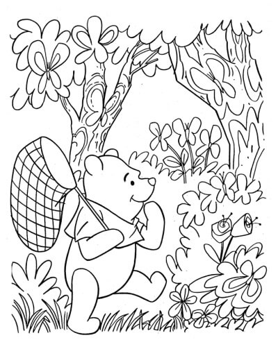 Dibujos de Winnie de Pooh va a atrapar Insectos para colorear