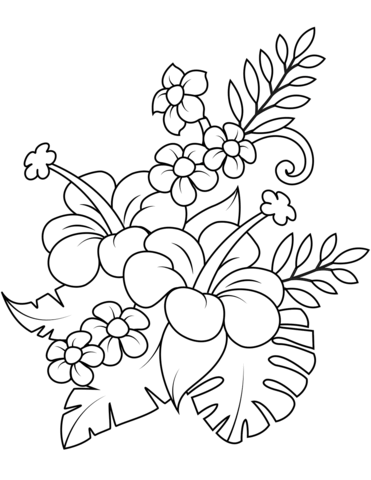 1527063860_bouquet-with-hibiscus-and-monstera-leaves-coloring-page para colorir