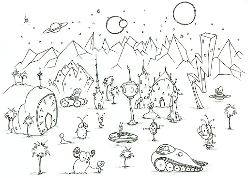 Dibujos de Algunos Extraterrestres en un Planeta Alienígena para colorear