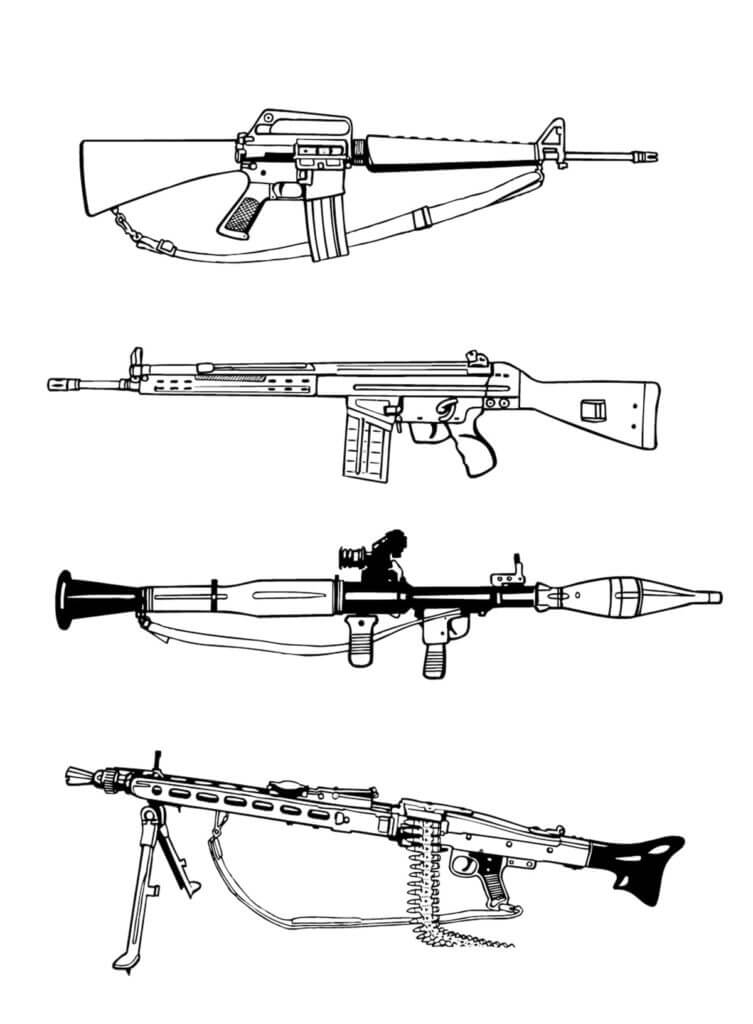 Ametralladora y tres Grandes Armas para colorir