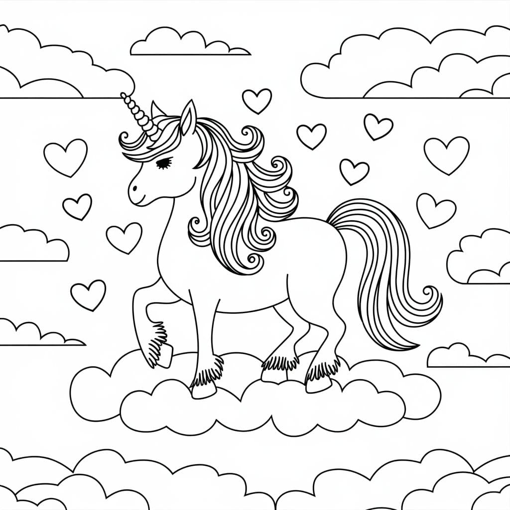 Dibujos de Amor unicornio en el cielo para colorear