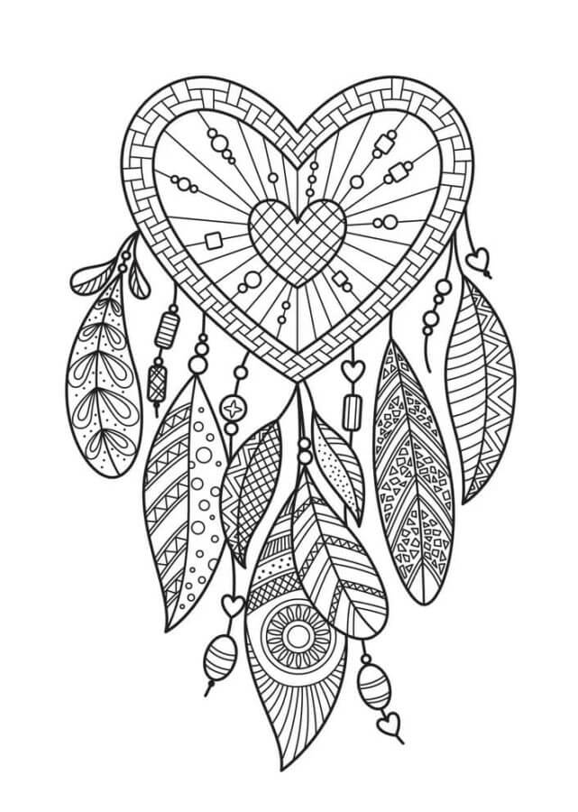 Amuleto en Forma De Corazón Con Plumas para colorir