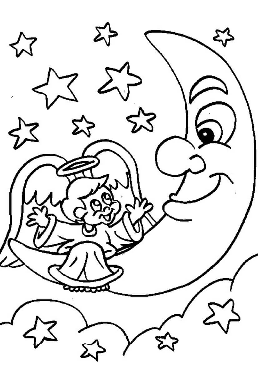 Dibujos de Ángel con Luna para colorear
