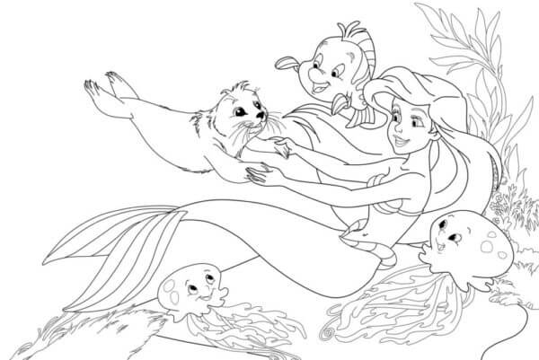 Dibujos de Animales Submarinos y la Sirenita para colorear