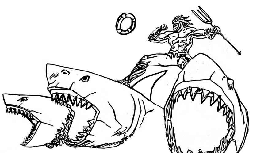 Dibujos de Aquaman Montando tres Tiburones para colorear