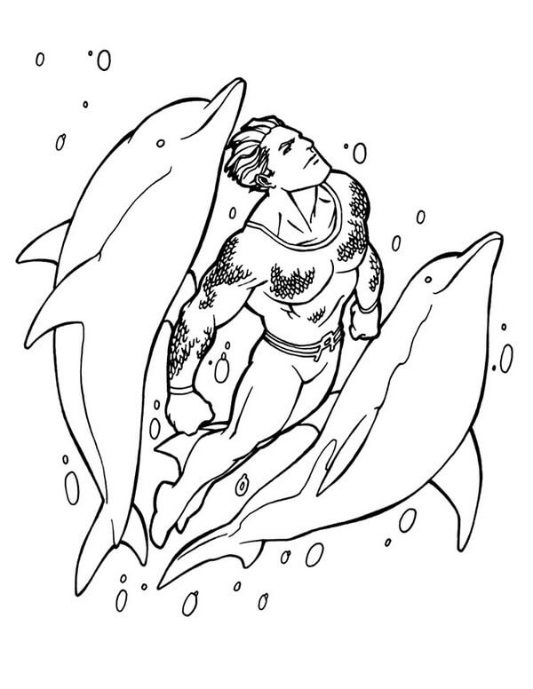 Dibujos de Aquaman Nadando y dos Delfines para colorear