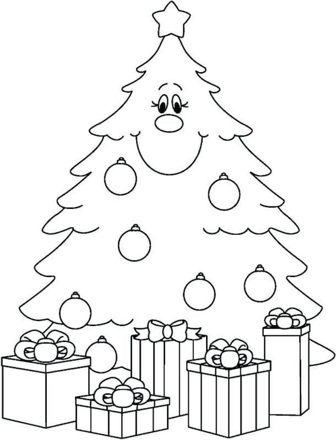 Dibujos de Árbol de Navidad Sonriente con Cajas de Regalo para colorear