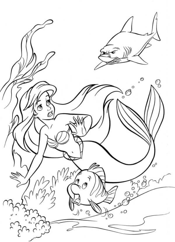 Dibujos de Ariel Se Aleja Nadando De Un Gran Tiburón para colorear