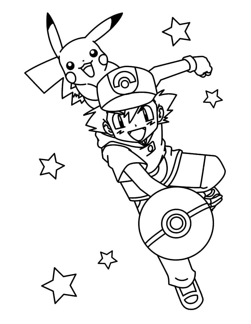 Ash Ketchum sosteniendo Pokeball para colorir