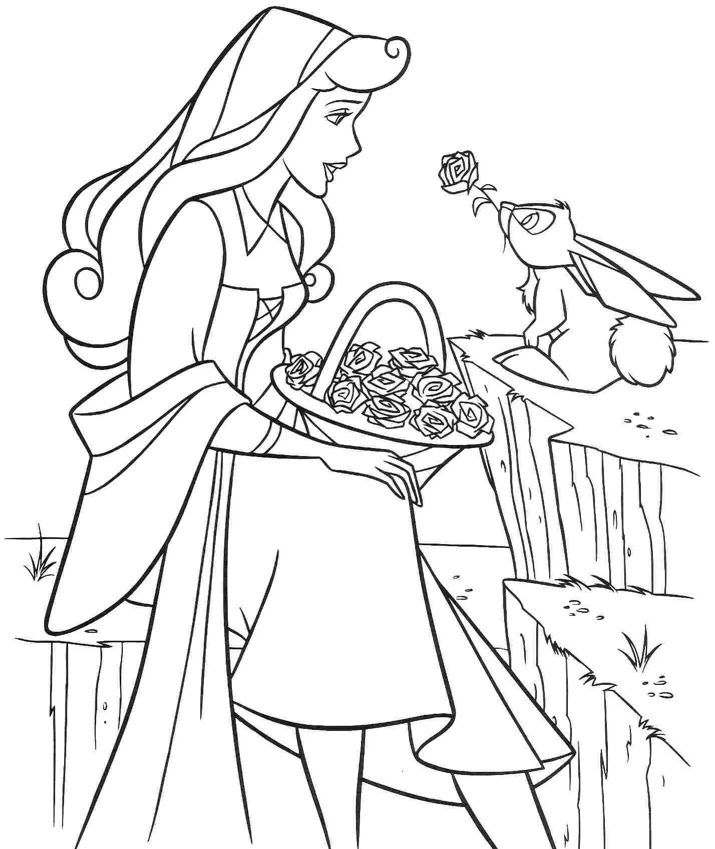 Dibujos de Aurora Con Rosas Y Conejo para colorear