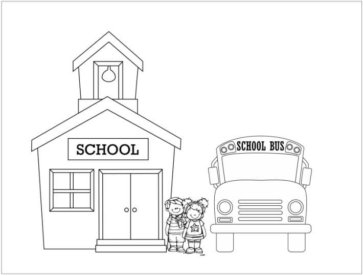 Autobús Escolar y Escuela para colorir