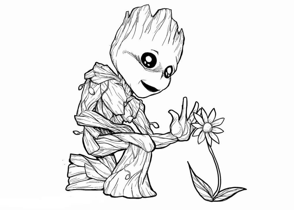 Dibujos de Baby Groot con Flor para colorear