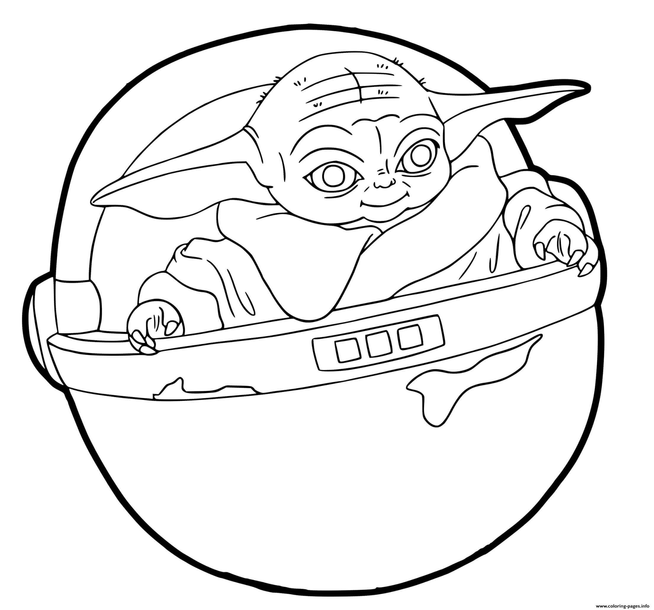 Dibujos de Baby Yoda en nave Espacial para colorear