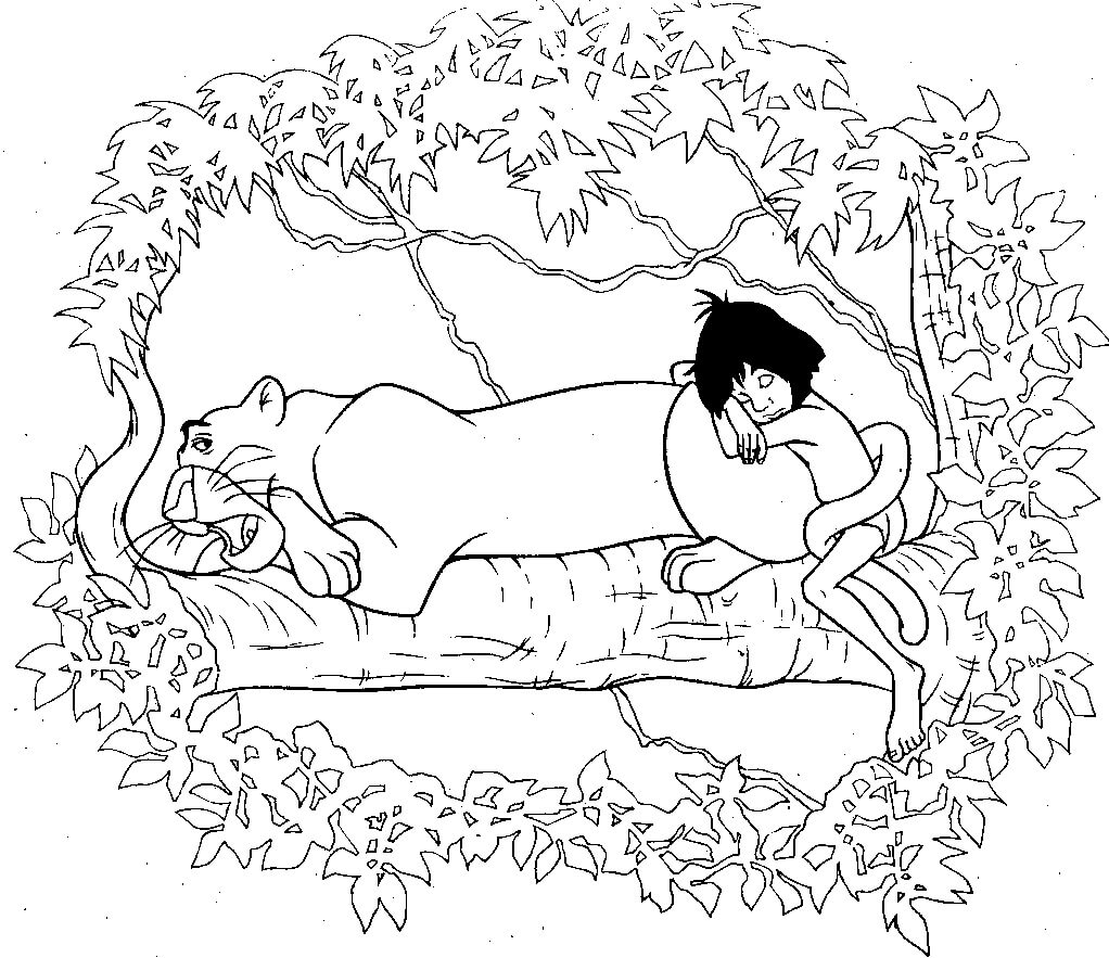 Dibujos de Bagheera y Mowgli Durmiendo para colorear