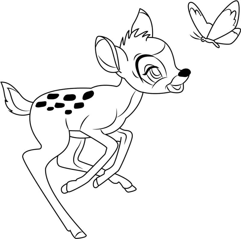Dibujos de Bambi Jugando con Mariposa para colorear