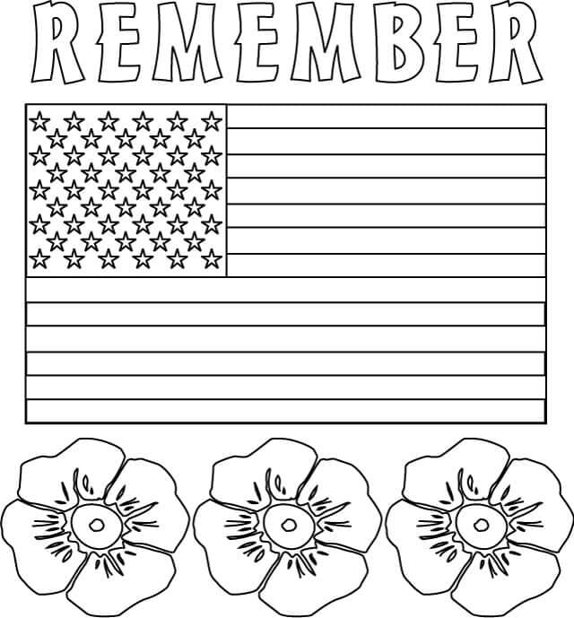 Dibujos de Bandera Americana Con Flores En El Día De Los Caídos para colorear