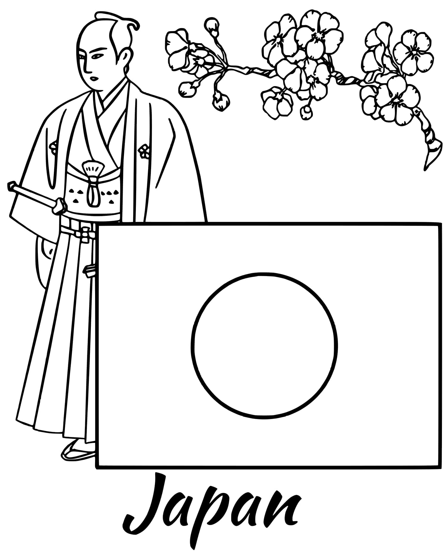 Dibujos de Bandera de Japón con Samurai para colorear