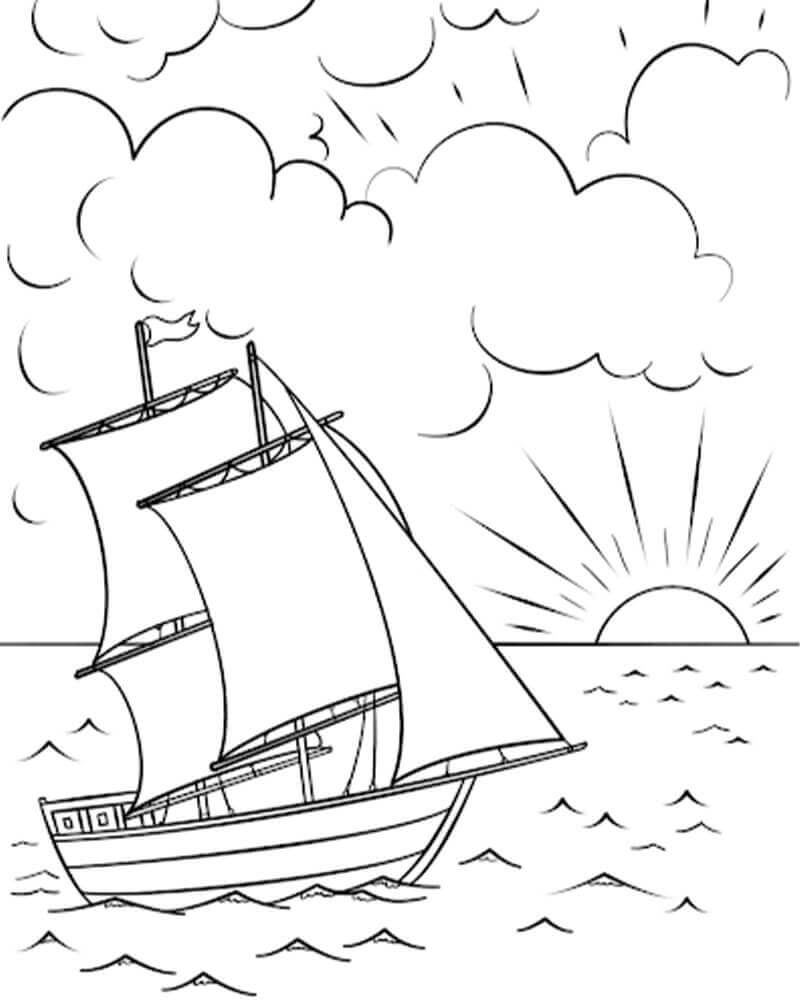 Barco Y Puesta De Sol para colorir