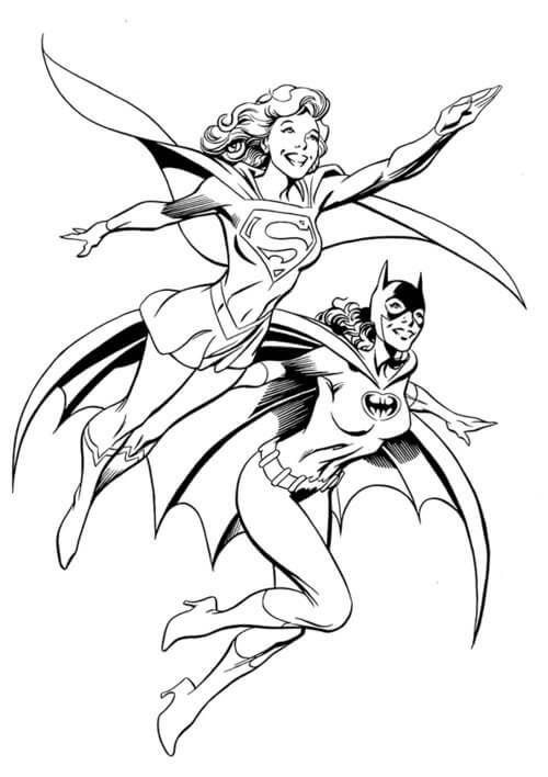 Batgirl y Supergirl Volando para colorir