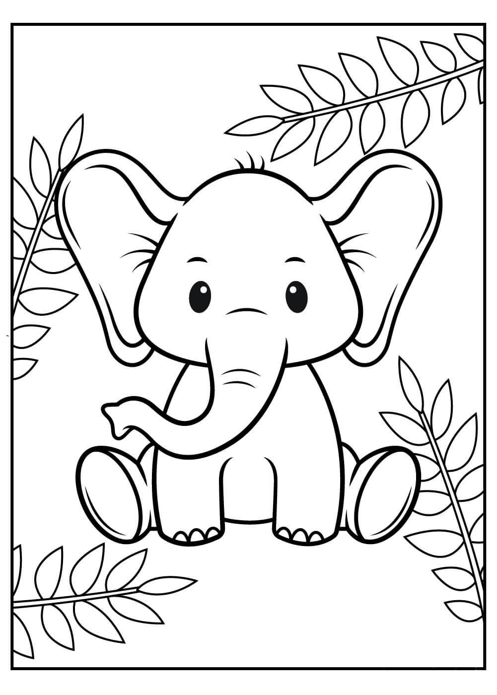 Dibujos de Bebé Elefante con Hojas para colorear