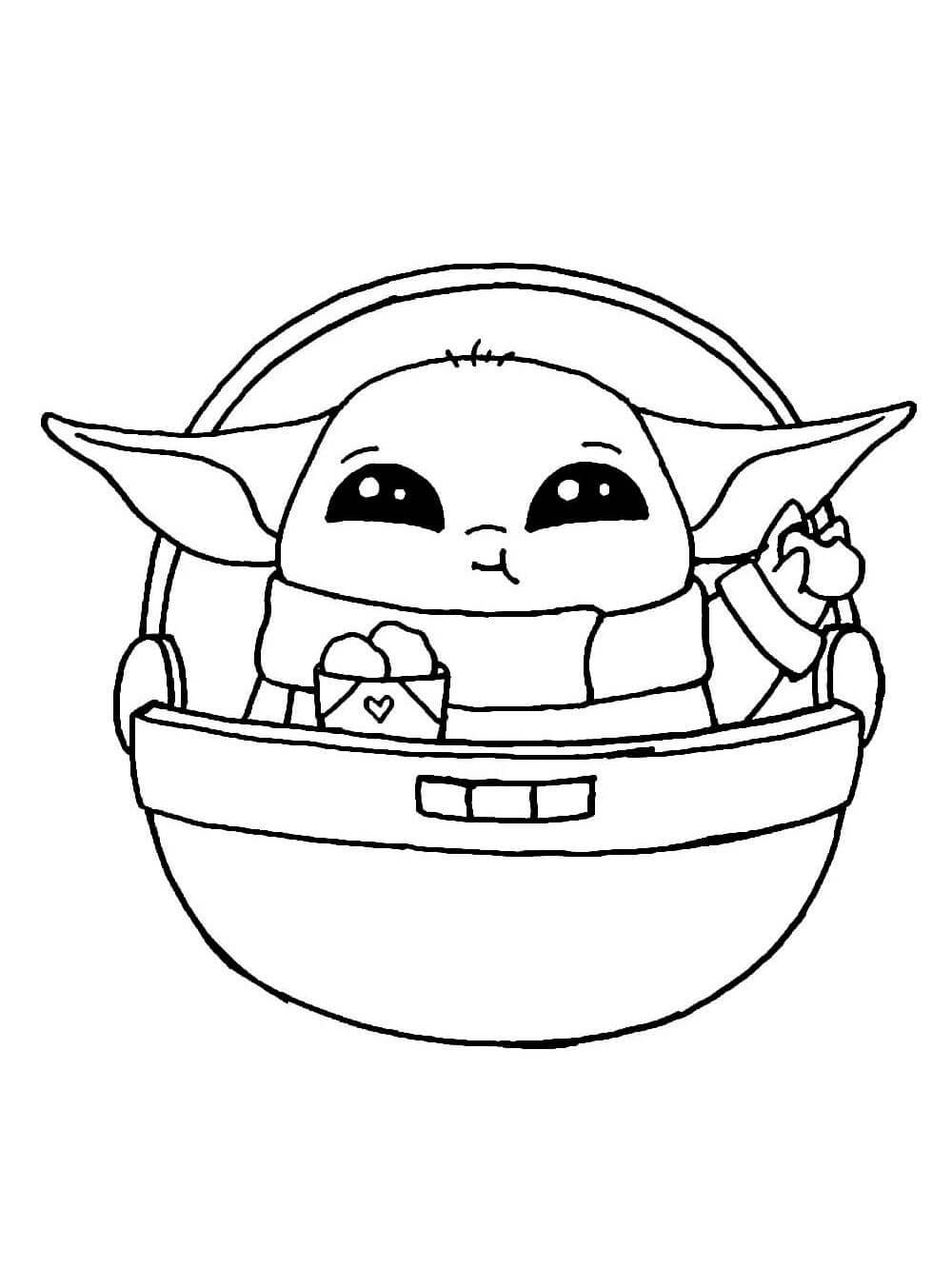 Dibujos de Bebé Yoda Comiendo en OVNI para colorear