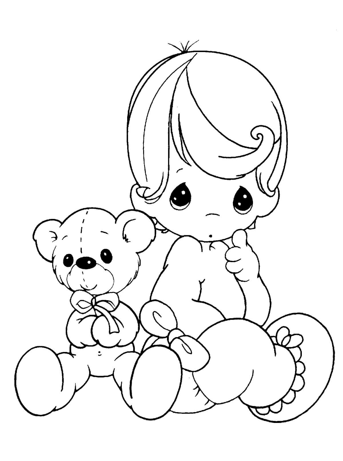 Dibujos de Bebé niño y Oso de Peluche para colorear