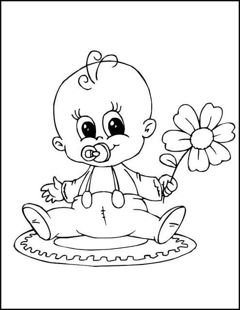 Dibujos de Bebé sosteniendo Flor para colorear