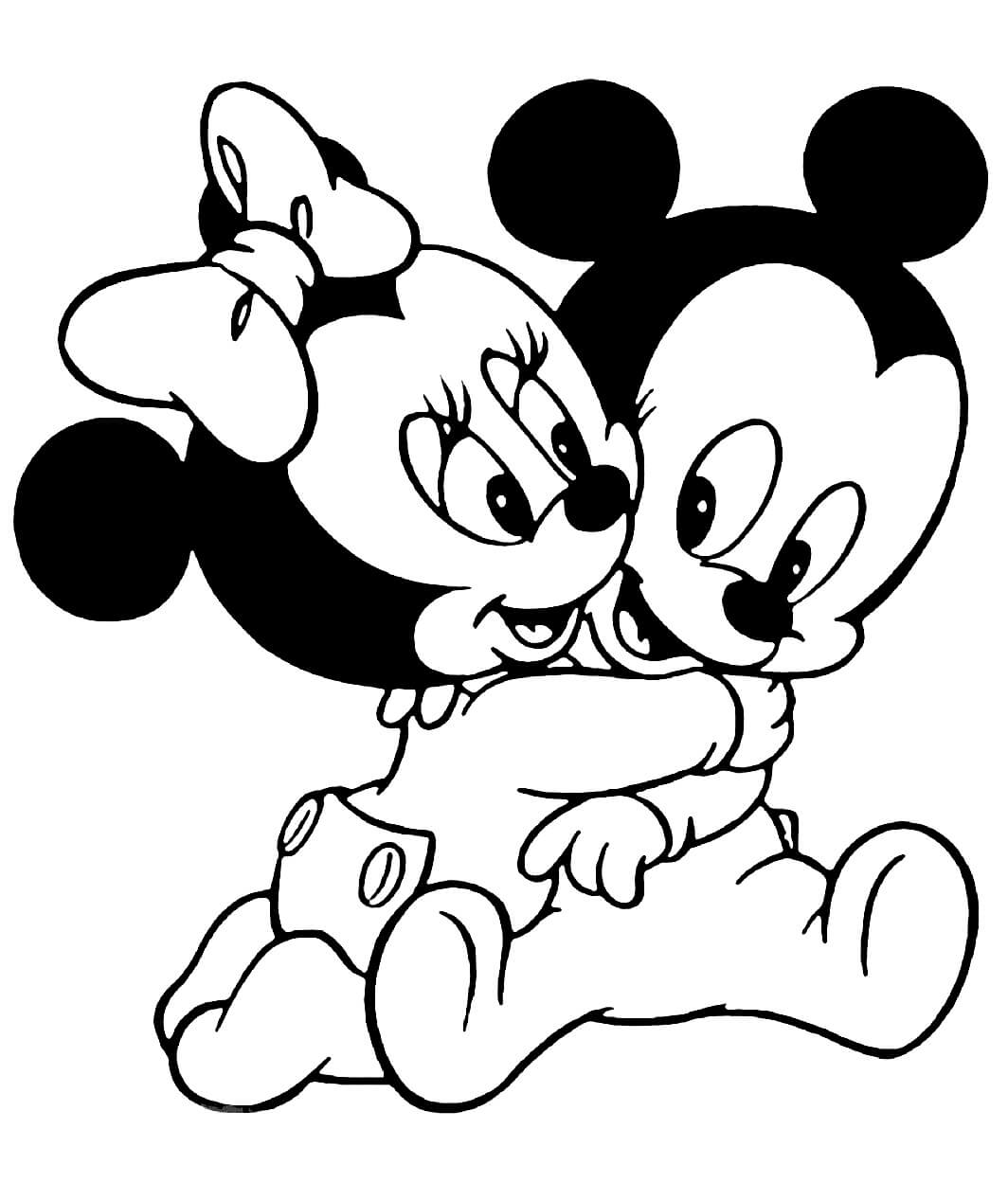 Bebé Minnie Mouse abrazando a bebé Mickey Mouse para colorir
