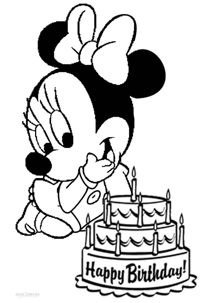 Dibujos de Bebé Minnie Mouse y pastel de Cumpleaños para colorear