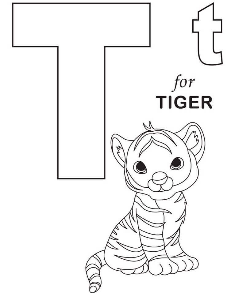 Bebé Tigre Letra T para colorir
