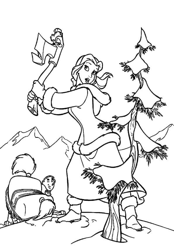 Dibujos de Belle cortando el árbol de Navidad para colorear
