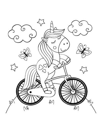 Bicicleta de Montar Unicornio Mágico para colorir