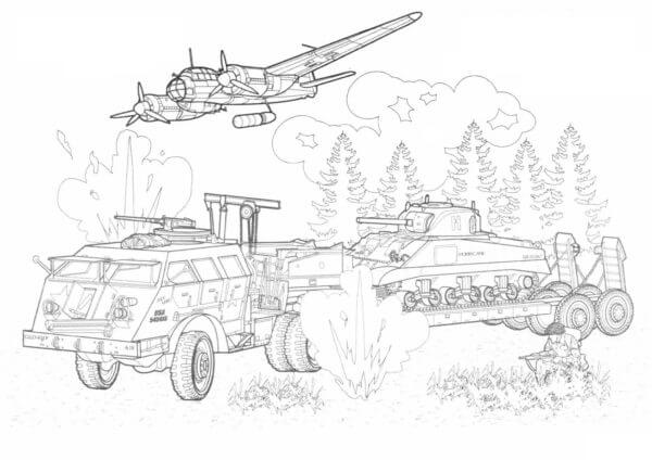 Bombardero Alemán Cubre un Transportador de Tanques Desde el Aire para colorir