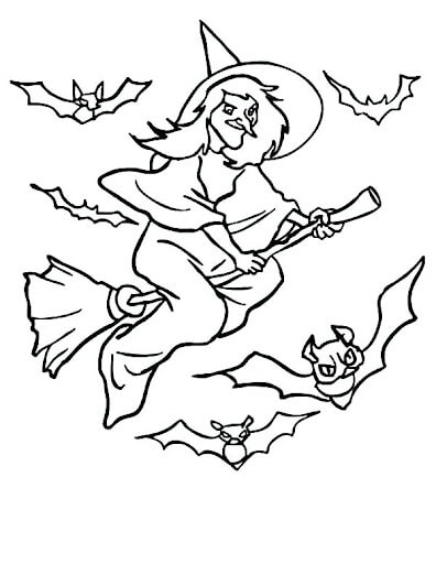 Dibujos de Bruja Volando y Murciélago para colorear
