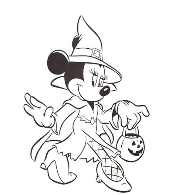 Dibujos de Bruja de Minnie Mouse Sosteniendo Calabaza para colorear