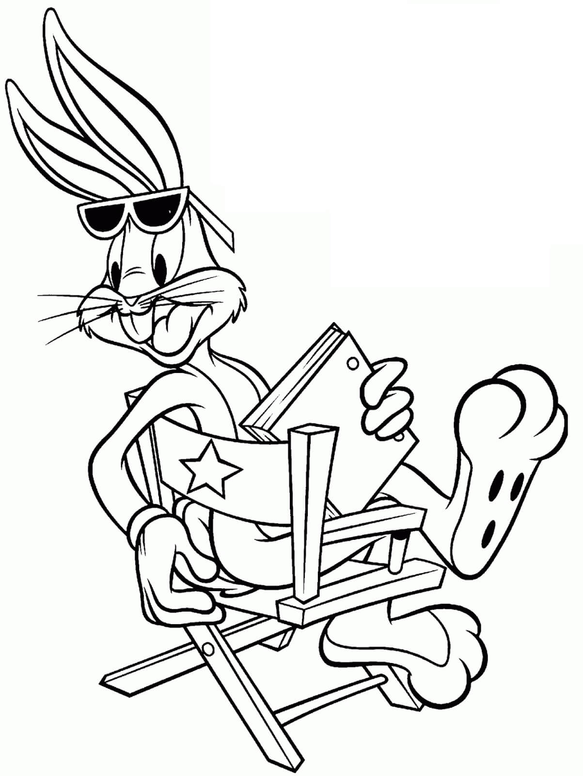 Dibujos de Bugs Bunny Sostiene un libro Sentado en una Silla para colorear