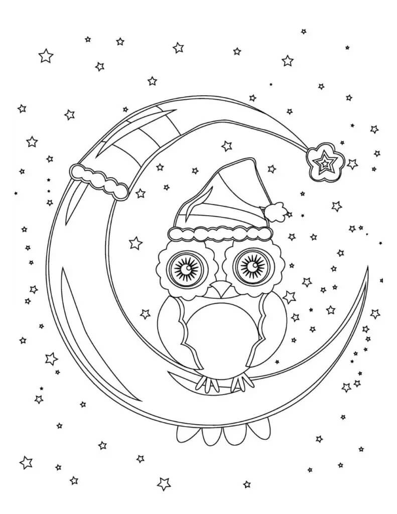 Dibujos de Búho de Navidad en la Luna para colorear