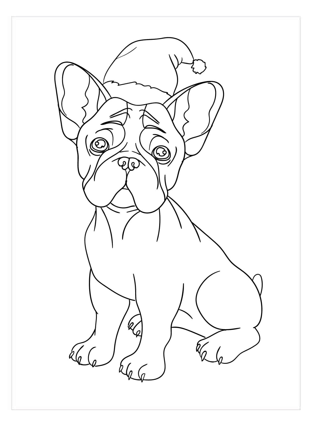 Dibujos de Bulldog Francés con Gorro de Papá Noel para colorear