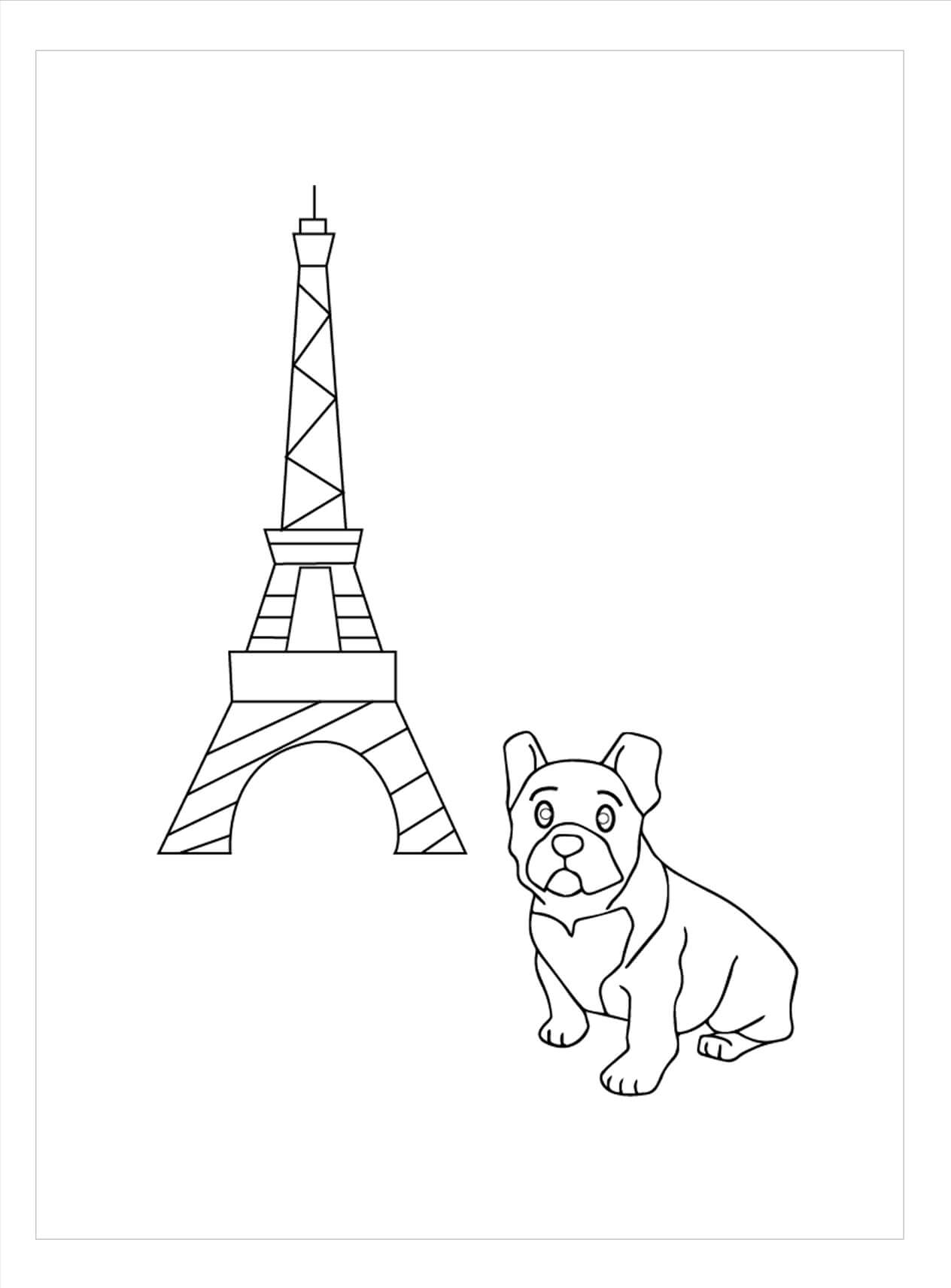 Bulldog y la Torre Eiffel para colorir