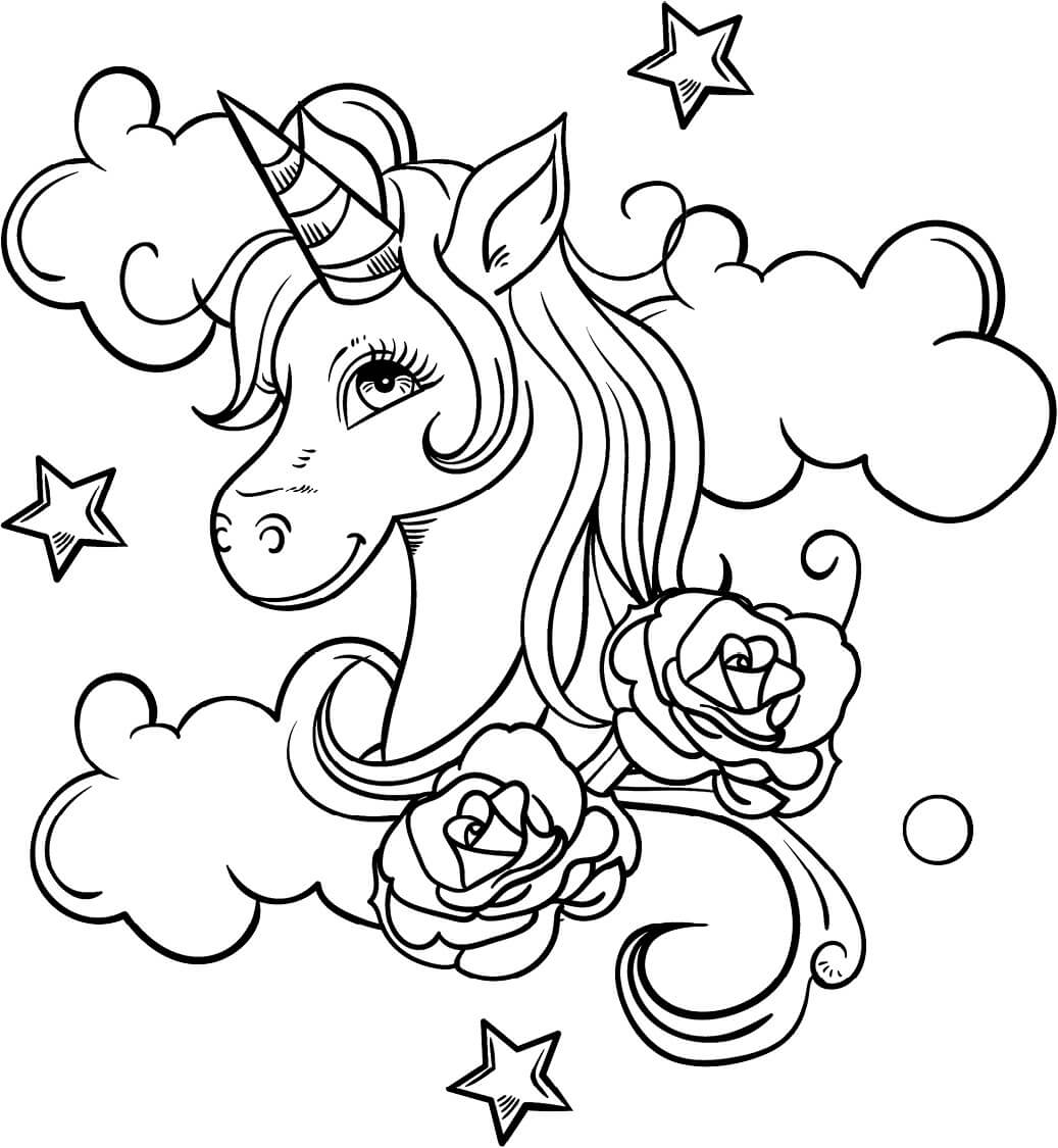Cabeza de Unicornio con Rosa para colorir