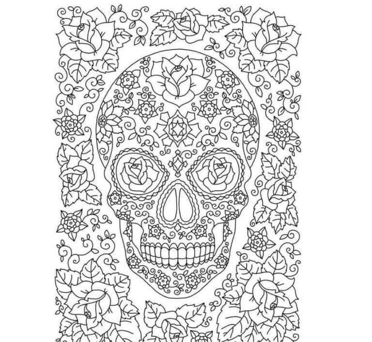 Dibujos de Calavera Con Flores y Hojas Es Dia De Muertos para colorear
