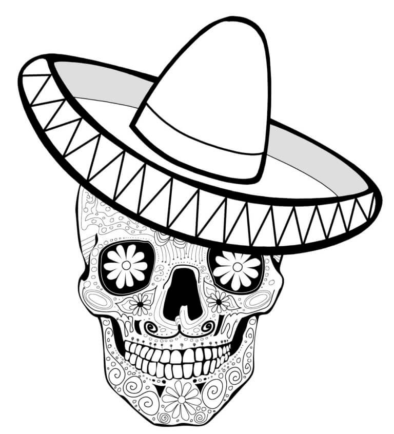 Dibujos de Calavera Mexicana En Sombrero para colorear