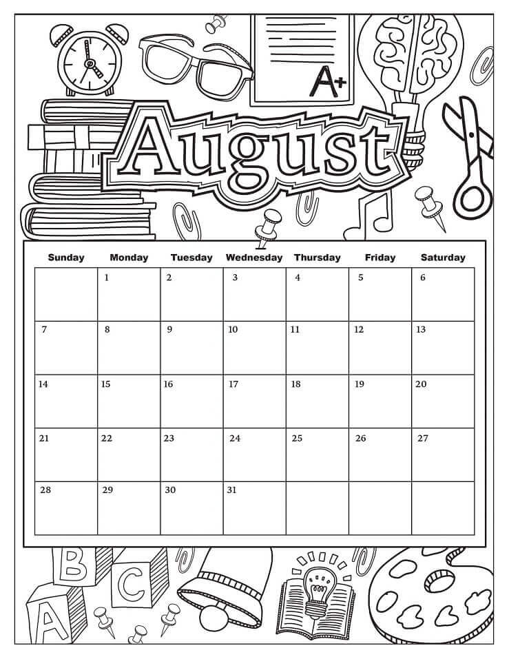Calendario Agosto para colorir